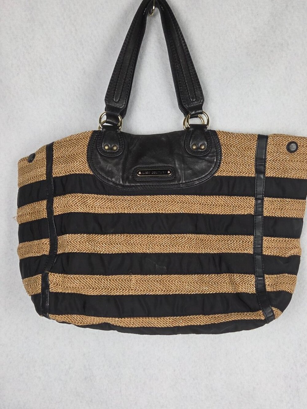 Juicy Couture Daydreamer Black Faux Leather Tan Straw Striped Tote Purse Earthy